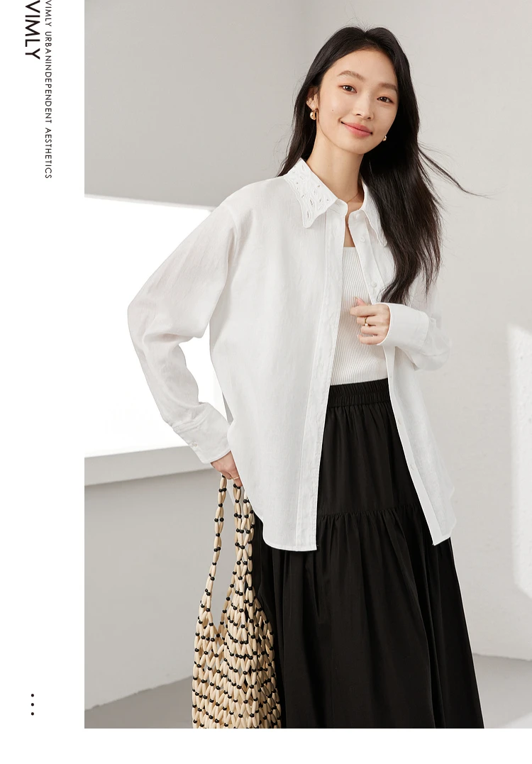 

VIMLY White Hollow Embroidered Collar Long Sleeve Shirt Women's 2025 Spring New Commuter Shirt Loose Top A0311