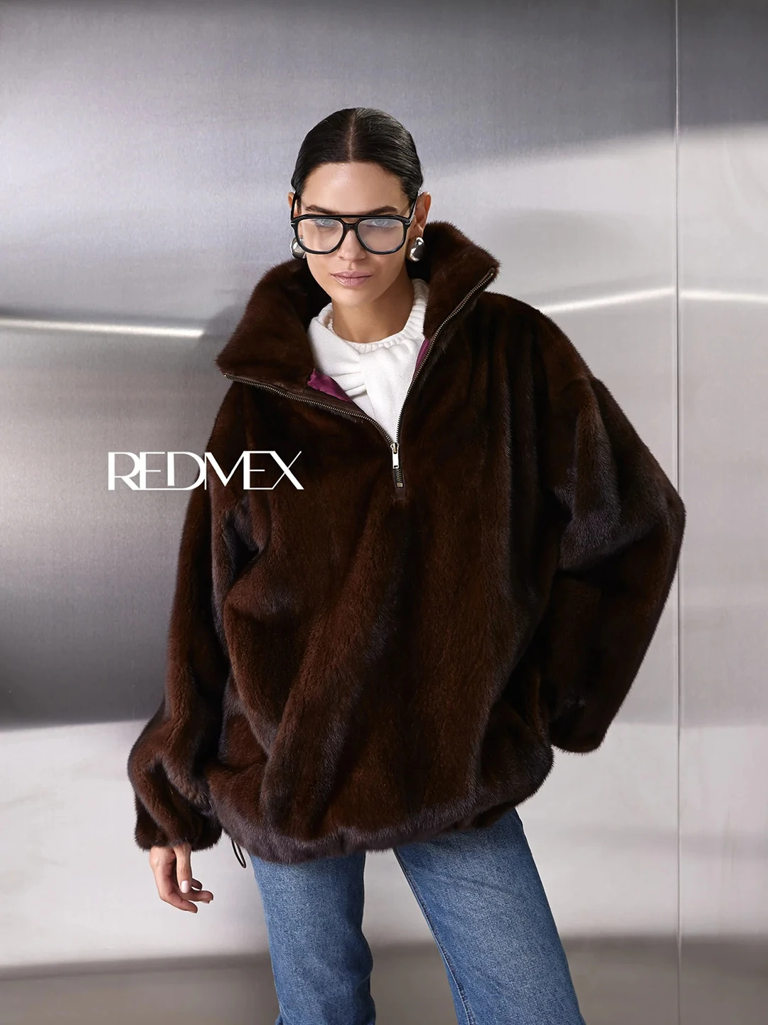 Faux Mink Half Zip Anorak Stand Collar One Size Adjustable Cuffs & Hem Women Soft Loose Warm Winter Daily Fluffy Fur Outerwear