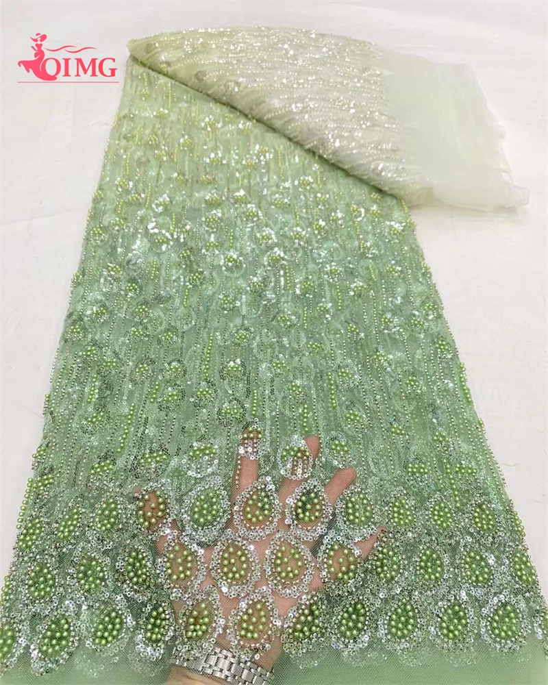 

OIMG Latest African Sequined Lace Fabric 2024 High Quality Beads Lace Material 5 Yards French Nigerian Lace Fabrics For Party