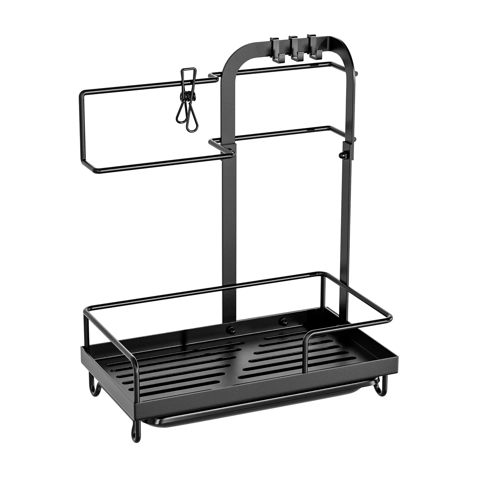 Kitchen Sink Storage Rack Faucet Sponge Holder Bathroom Drain Rack with Hooks Soap and Cleaning Supplies Organizer