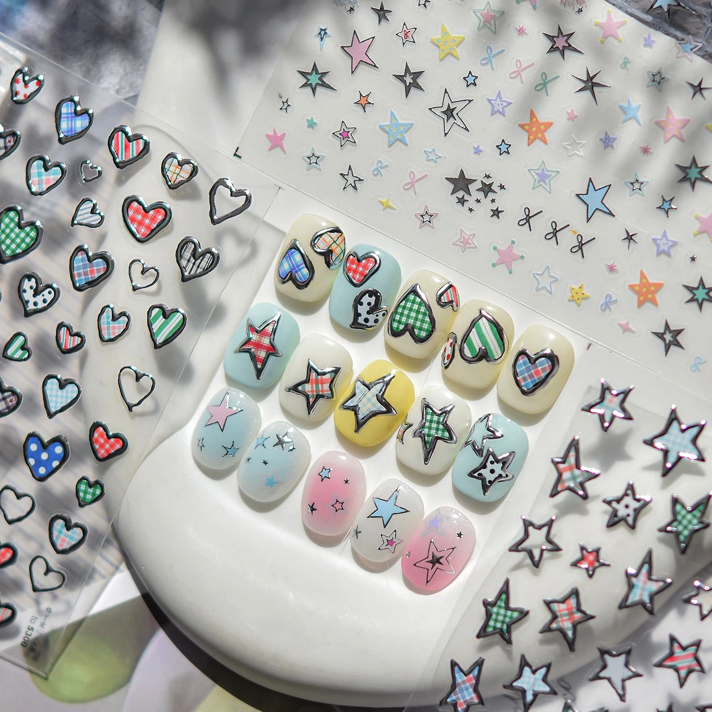 

Star Love Heart Silver Metal Grid Punk Starburst Chain Glitter Powder Irregular Pentagram Rock Y2K Nail Art Stickers DIY Decals