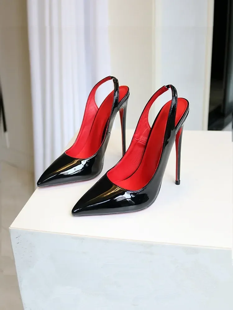 Rear Strap Red Bottom Red Inner Ultra High Heels Slim Heels Ultra Shallow Mouth Pointed Patent Leather Single Shoes