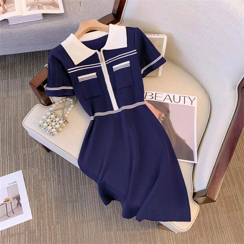 French Style Women\'s Dress Fashion New A-line Knitted Dresses for Women Polo Zipper Collar High Waist Short-sleeved Y2k Dress