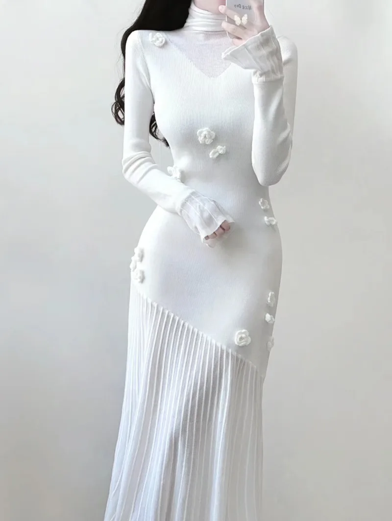 

Sweet Hot Girl Pure Sexy Flower Knitted Dress for Women's Autumn and Winter Slim Fit Wrap Hip Dress Fashion Female Clothes