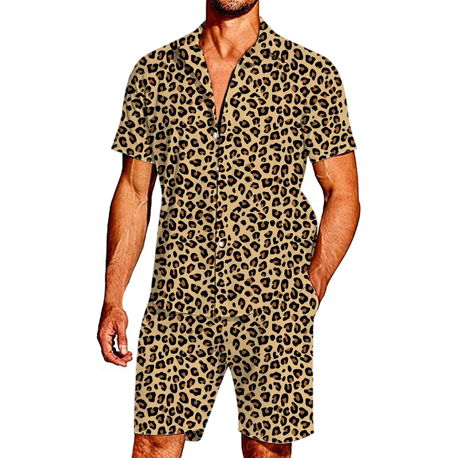 

Leopard Print Fashion Summer Men's Tracksuit Short Sleeve Shirt Set Leopard Print Clothing 2 Pieces Casual Suit Streetwear Suits