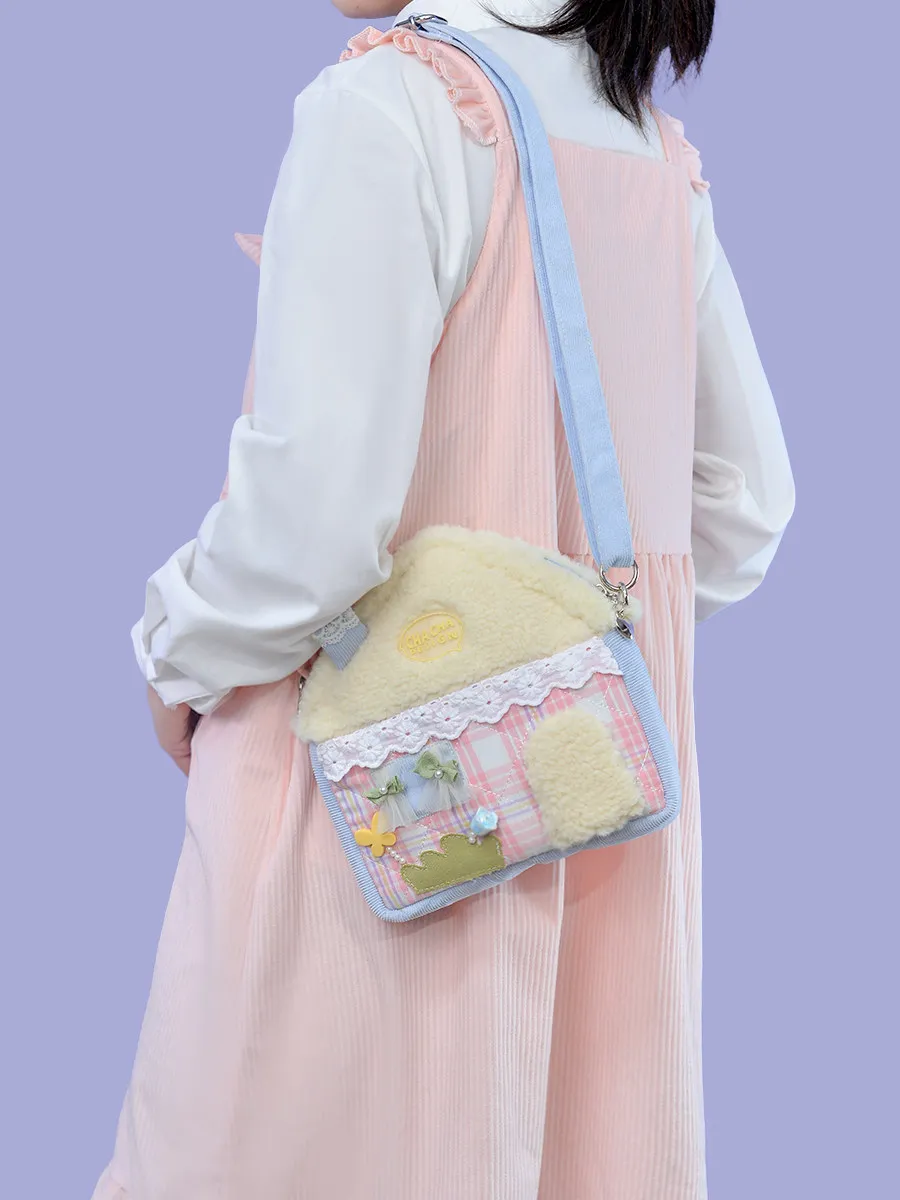 Cute House Shape Plush Crossbody Bag For Women - Kawaii Corduroy Shoulder Bag With Pearl Chain Sweet Style Handbag