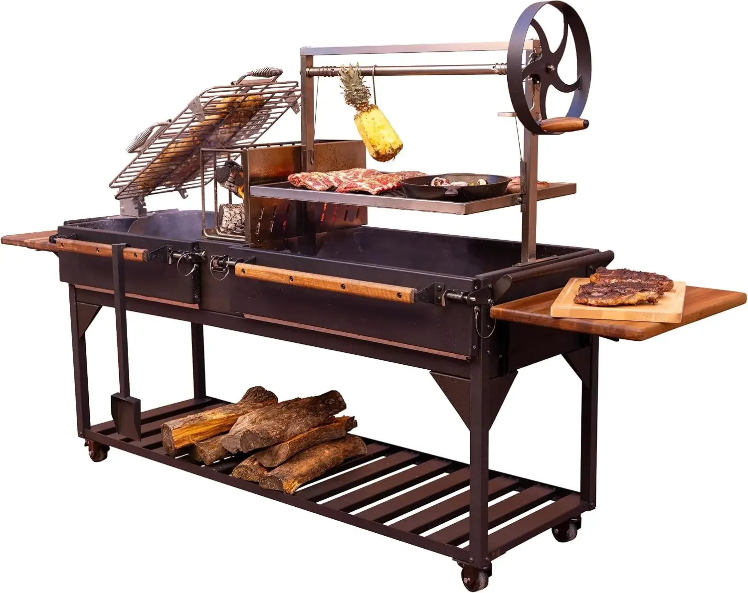 Argentine Santa Maria XL Wood Fire & Charcoal Steel BBQ Grill with Asado Clamp, Adjustable Grill Grates, Brasero, Fire Bricks, S