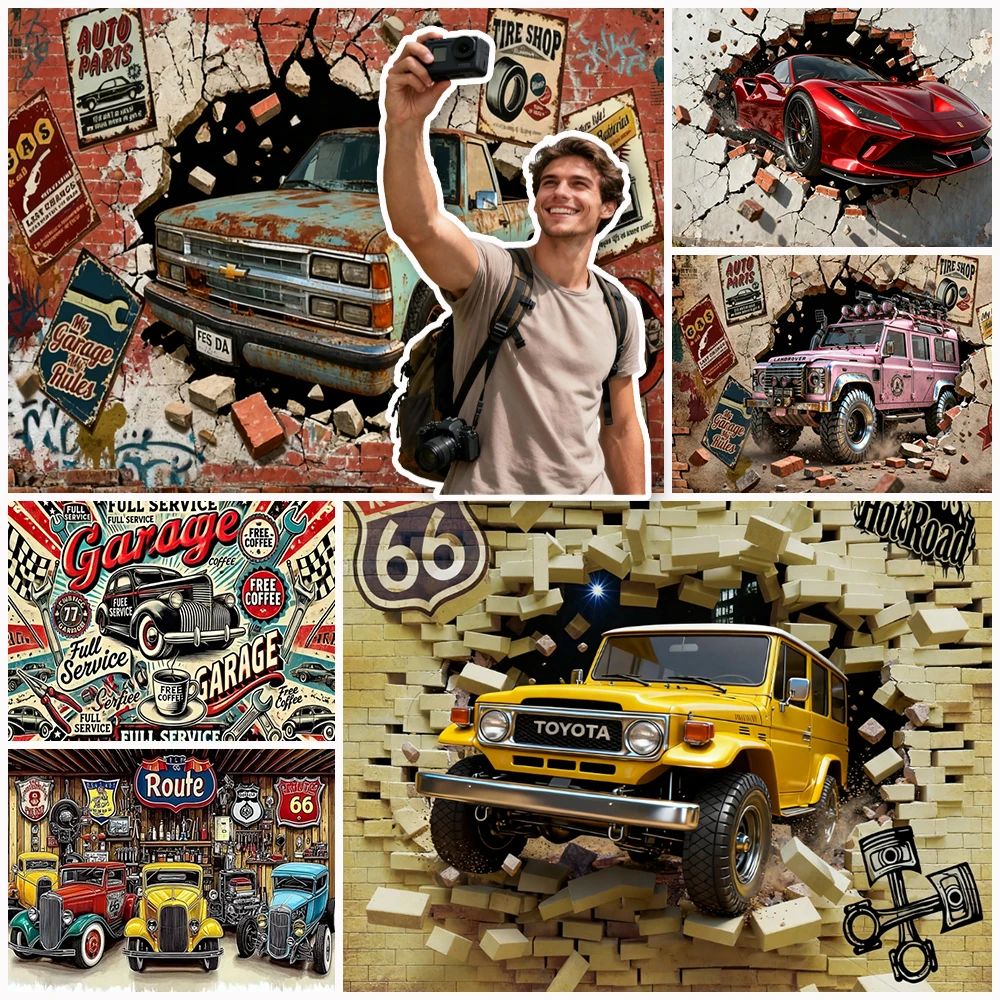 

Retro Workshop Background Decoration Car Wall Breaking Cool And Wild Industrial Style Tire Photos Backdrop Banner Baby Showers