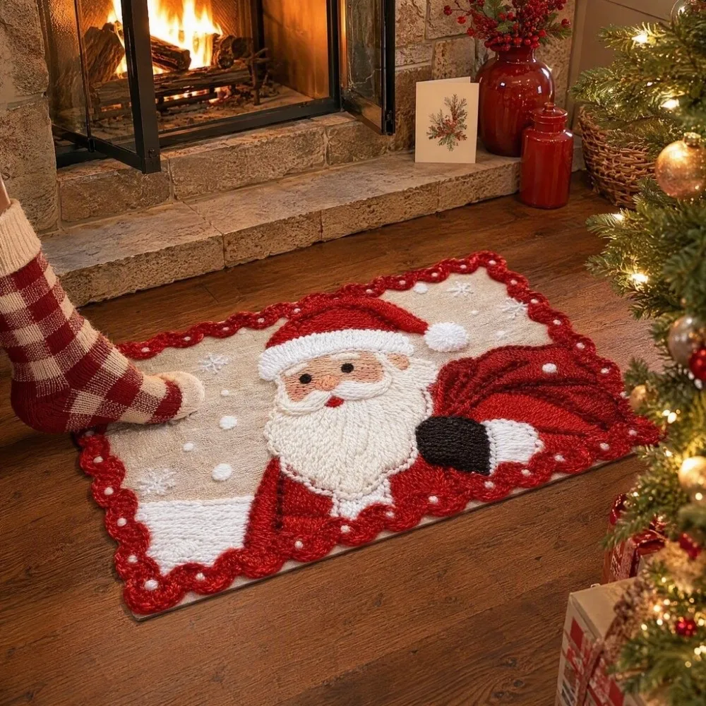 2D Flat Christmas Floor Mat Cartoon Weaving Texture New Year Anti Slip Mat Santa Claus Elk Christmas Tree Welcome Door Mat