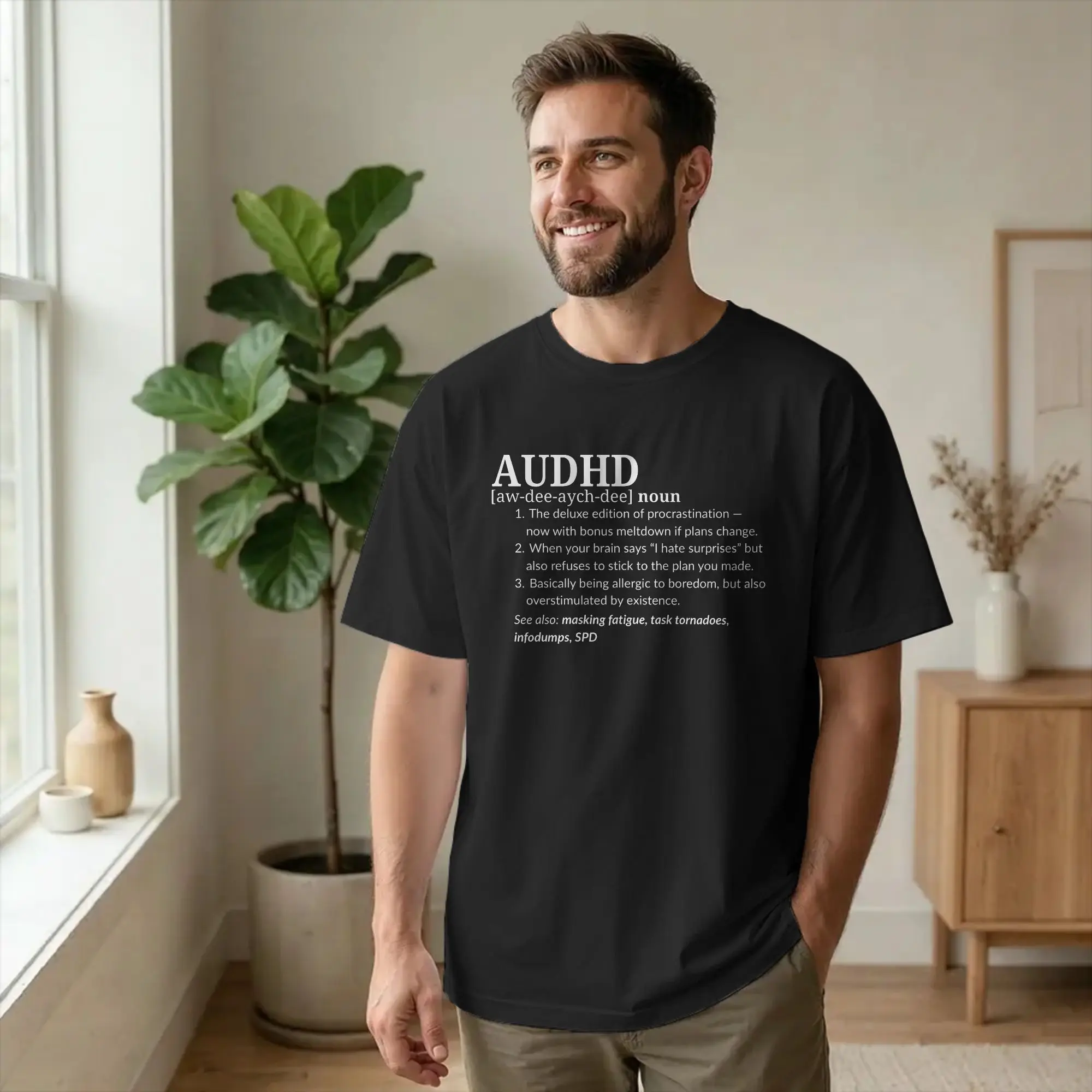 Funny AuDHD Relatable Mental Health T-Shirts Men Novelty 100% Cotton Tees Round Collar Short Sleeve T Shirts Birthday Gift Tops