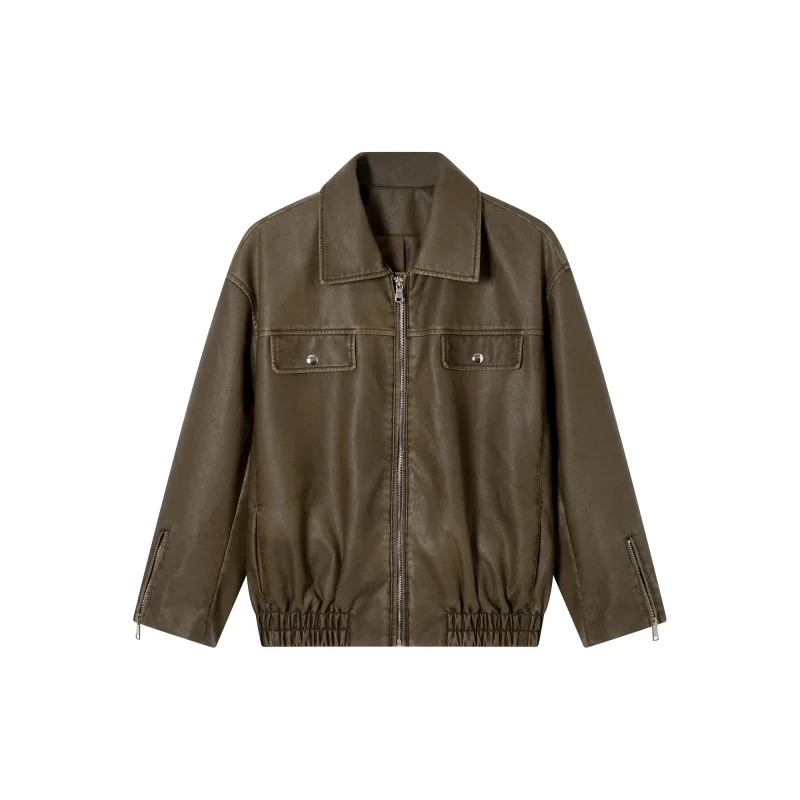 Damski skórzany płaszcz motocyklowy w stylu retro, sprany, wyblakły, na wiosnę i jesień 2025