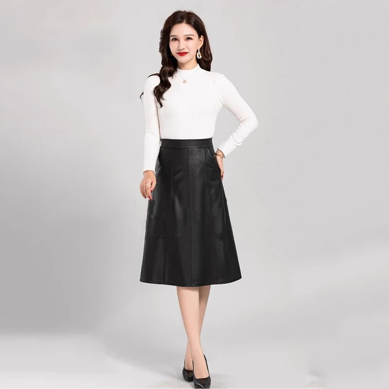 

Модная женская универсальная однотонная юбка трапециевидной формы из натуральной кожи, юбка до половины тела, новая большая юбка трапециевидной формы, юбка средней длины
