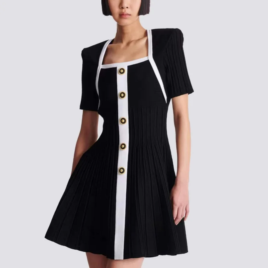 

Women's slim fit square neck dress short sleeves single breasted evening party mini dress