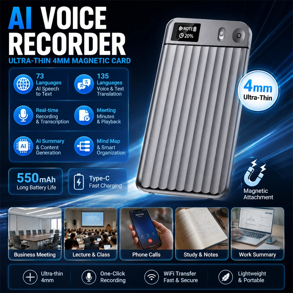 Smart AI Audio Recording Card 73Languages Recording Transcription Content Organization Multilingual Translation Meeting Recorder