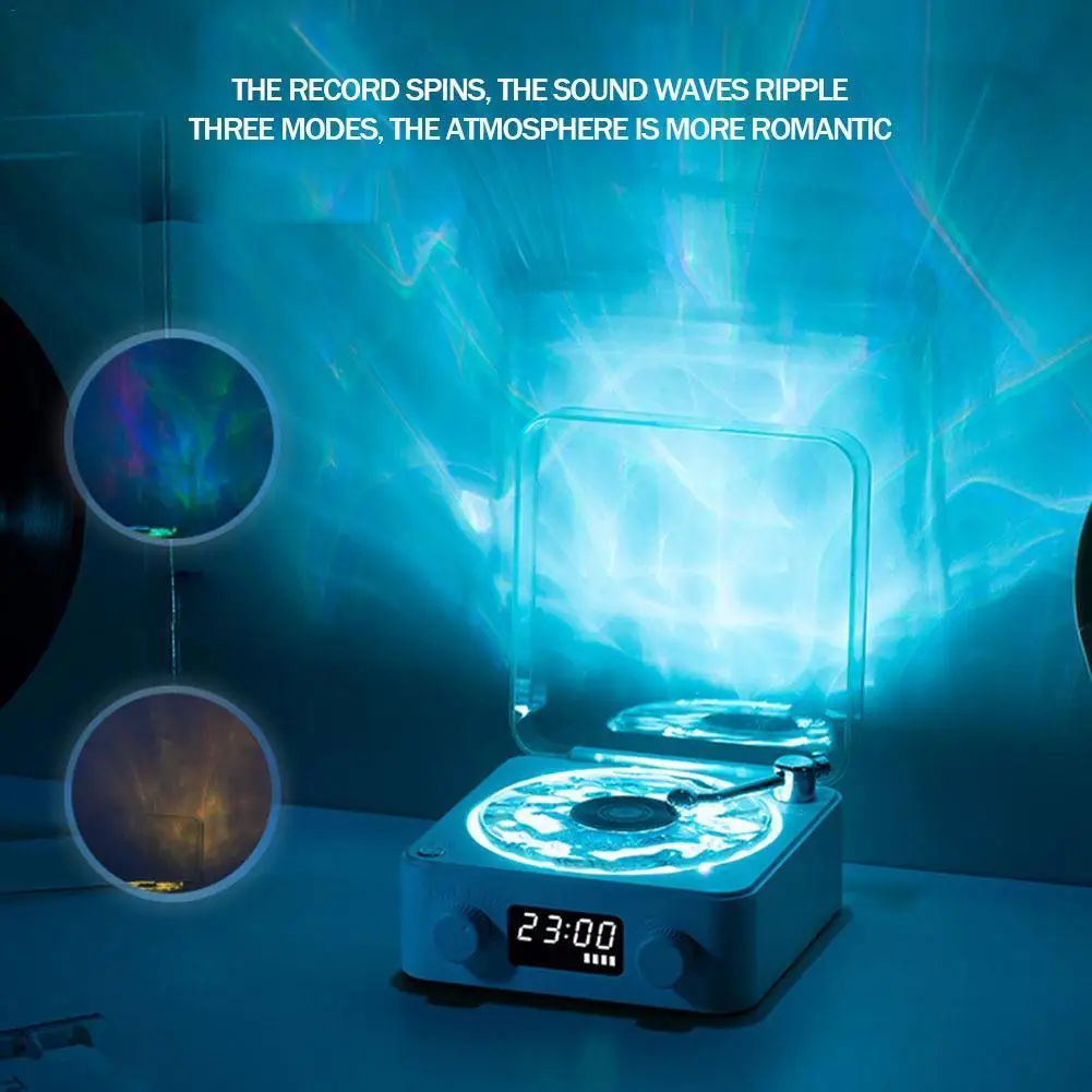 Turntable Bluetooth Speaker With LED Ocean Wave Clock,Hi-Fi Mood Light Audio System For Home Decor & Birthday Gifts