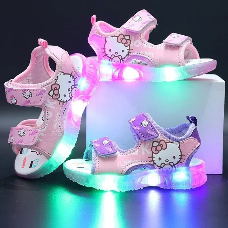 2024 Summer Baby LED Light Sandals For Girls Cute Hello Kitty Children\'s Casual Shoes Anti-slip Kids Beach Shoes Outdoor Shoes