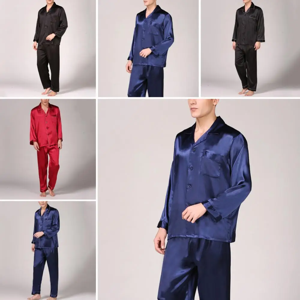 Imitation Silk Sleepwear Men Summer Pajama Set Shirt Pants Home Gown Nightwear