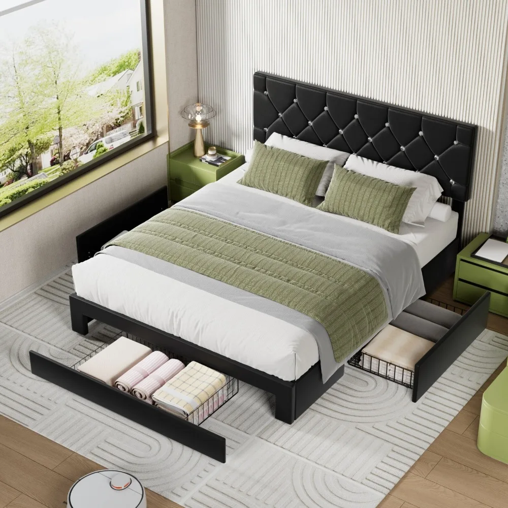 Twin Full Queen Size Bed Frame w/Storage Drawers Leather Upholstered Headboard