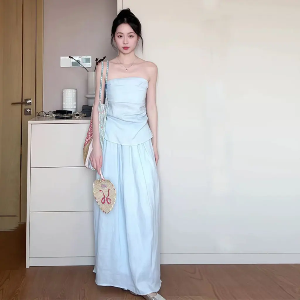 

Spring Summer New Korean Style Strapless Top Skirt Combo Light Blue Women's Fashion Semi-Formal Outfit