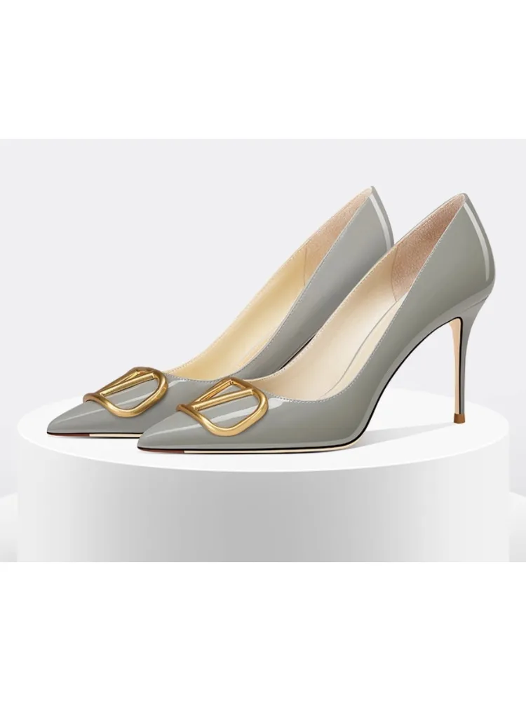 Mode grijze heldere pumps met hoge hakken en V-gesp Lente zomer sandalen Puntige neus lederen hakken - afbeelding 2
