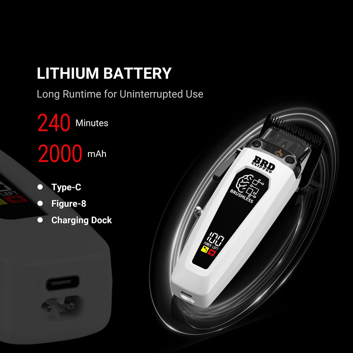 Cortadora de pelo profesional BRDCLIP 106B con Motor sin escobillas, cortadora eléctrica inalámbrica de 7500RPM, hoja móvil ultrafina para hombres con Base