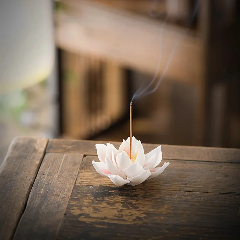 Pure handmade ceramic lotus handmade flower simulation thread incense burner incense insert ornament Chinese   home decoration