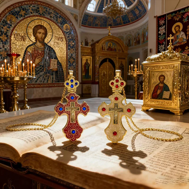 Neue 2026 Luxus-Emaille-Orthodoxe-Kreuz-Halskette mit rotem Kristall & vergoldetem Kruzifix-Ikonen-Schmuck für Priester, Liturgie & Sakramente – Detail 6