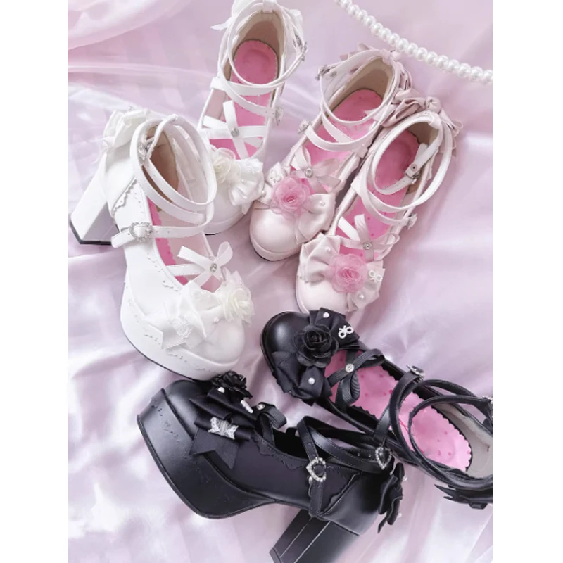 

Sweet Pink Lolita Platform Bow & Rose Decor Mary Jane Shoes Woman 2026 Princess High Heel Pumps for Women Cosplay Party