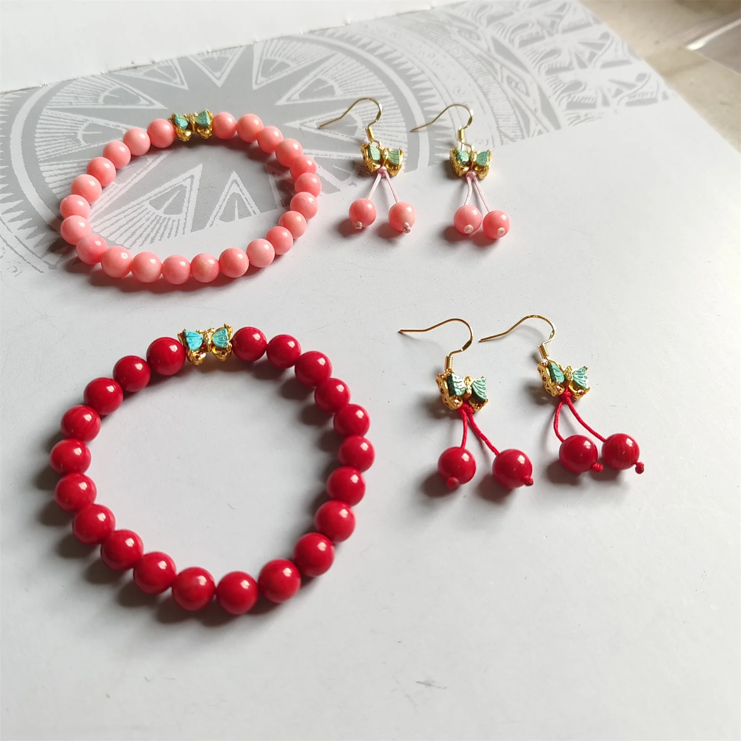 1pcs/lot Natural Sea Bamboo Coral Bead Bracelet Earrings Big red pink S925 silver-clad gold raw turquoise Butterfly-shaped