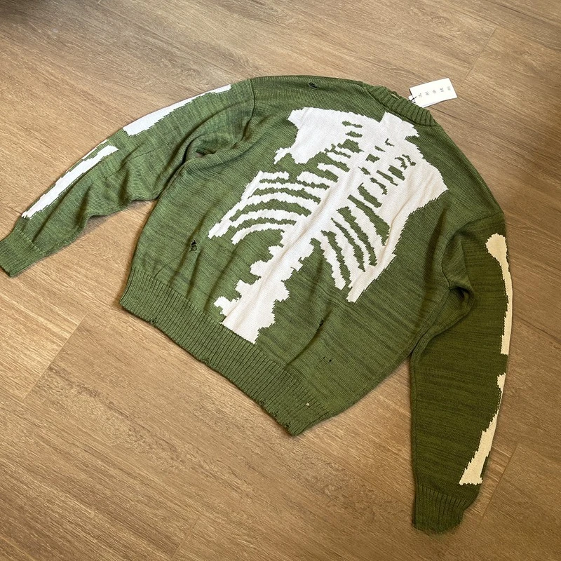 Japan KAPITAL behind the bones skeleton hole green retro knit sweater loose pullover long-sleeved sweater men and women