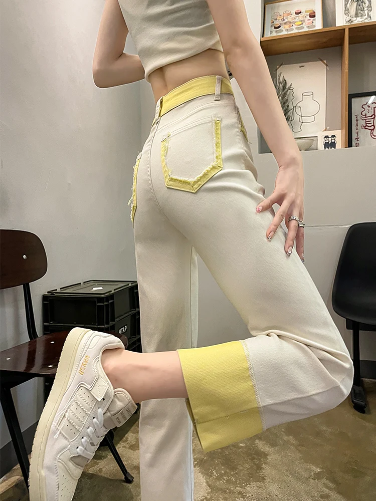 

Elegant Print Side Women's Straight Leg Denim Pants 2023 New High Street Ankle Length Jeans Clothing autumn