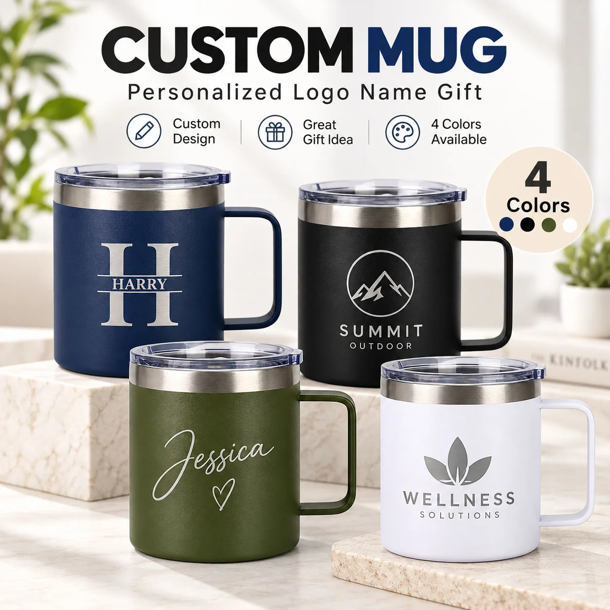 Custom Logo Coffee Mug 12oz Stainless Steel Insulated Cup with Handle and Lid for Corporate Gifts Employee Client Bulk Orders