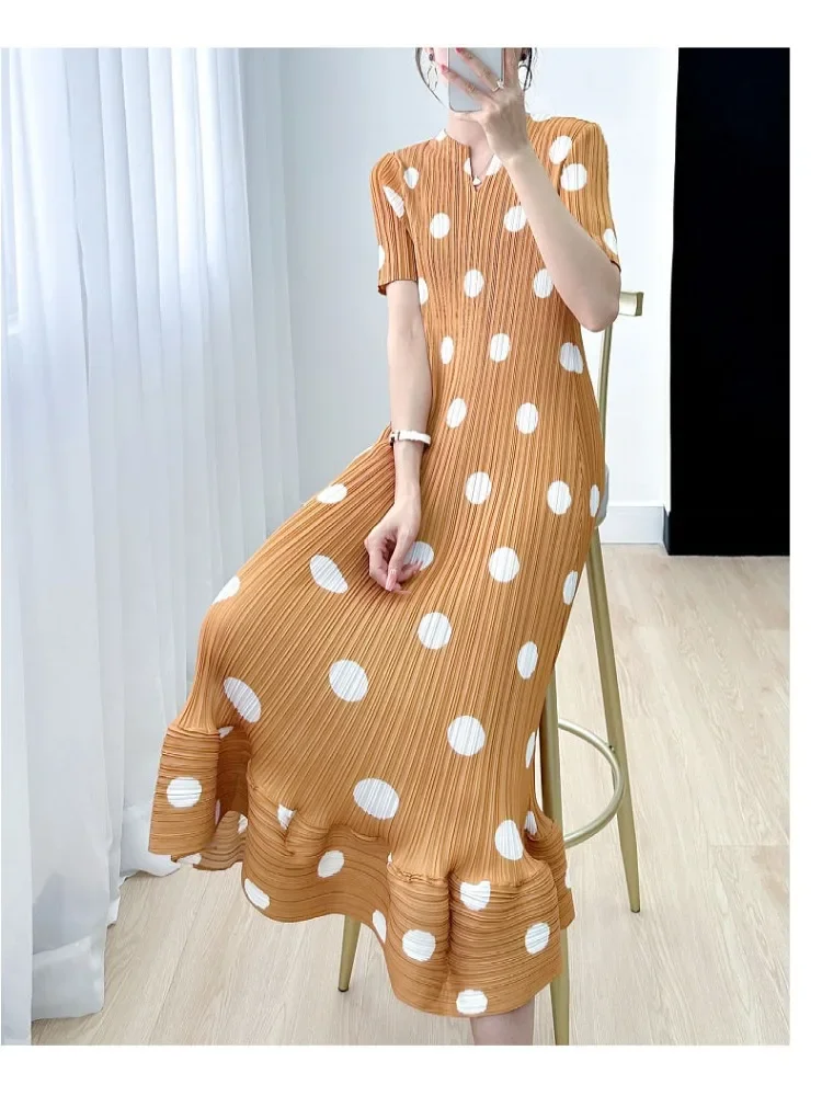 Luxury Summer Maxi Dress Pleated A-line Dress Women Polka Dot Print High End Loose Chic Short Sleeve Dresses Design Blue Black