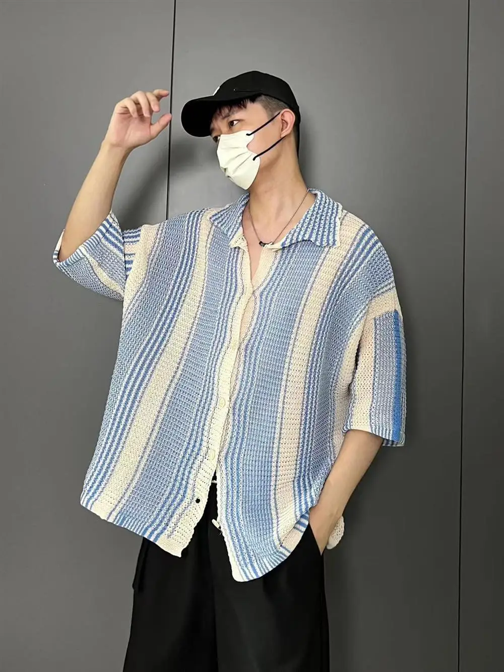 

Мужская летняя повседневная футболка свободного кроя с коротким рукавом, тонким воротником, вязаная, модная, универсальная, молодежная, трендовая