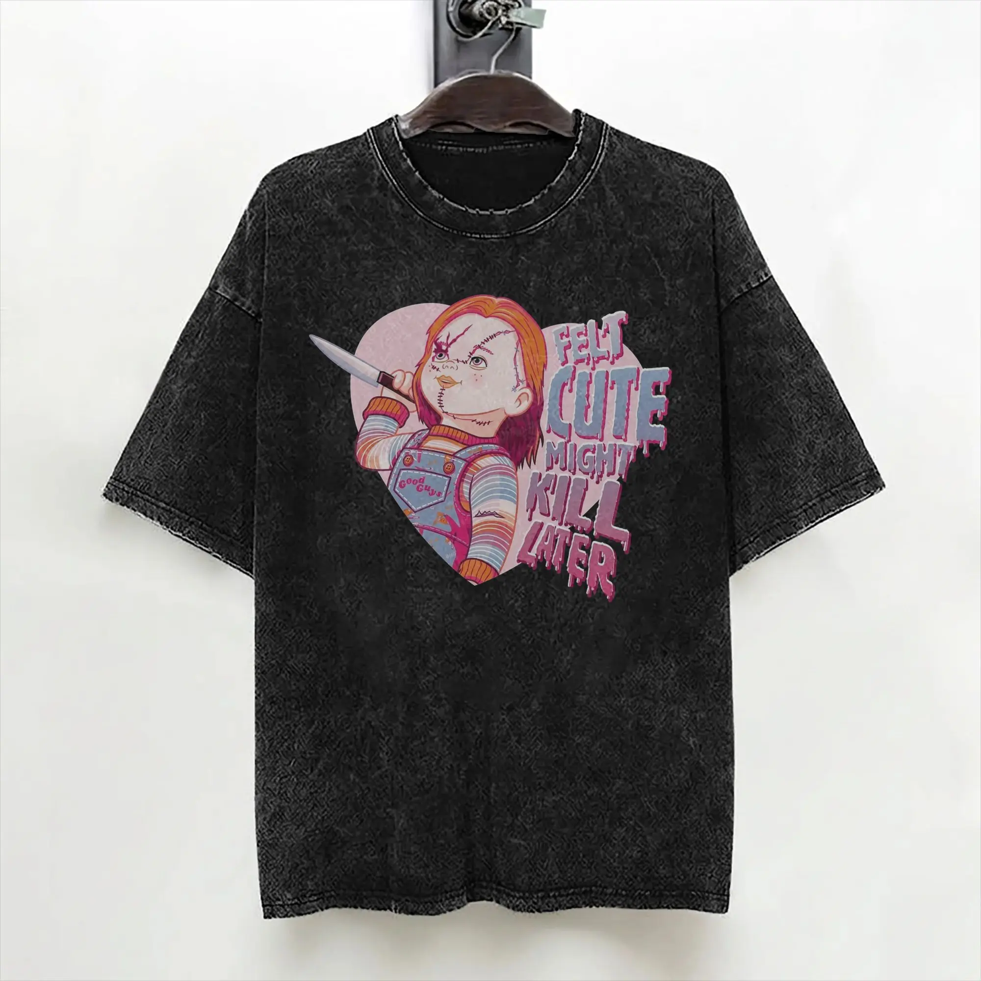 Chuckys Eat Felt Cute Might Kill Later T Shirt Washed 100% Cotton Oversize T-Shirt Halloween for Men Women Streetwear Tee Shirt