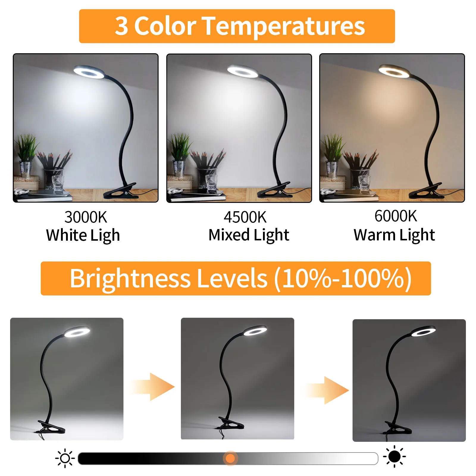 LED clamp lamp reading lamp bed 3 color temperatures 10 brightness levels & stepless dimming 360° flexible clamp ring desk lamp