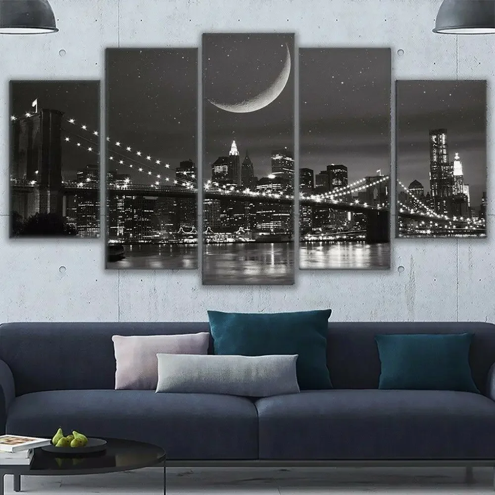 5 Panel New York City Night Bridge canvas Wall Art Poster Picture Home Decor HD Print Pictures No Framed 5 Pieces Room Decor