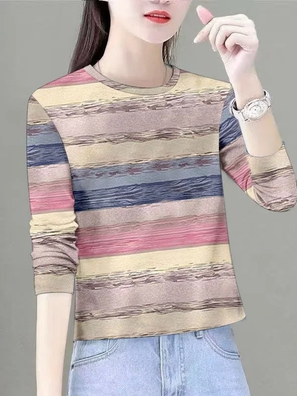 

Retro Rainbow Stripes Long Sleeve round Neck T-Shirt Women's Maternity Fashionable Top for Middle-Aged And Elderly Ladies