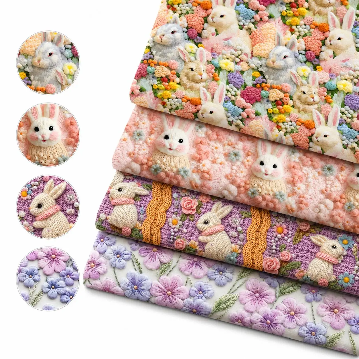 Pre-cut 4pcs 20X20cm Rabbit Flower Animal 2d Flat Themed Imitation Embroidery Series 100% Polyester Fabric Set