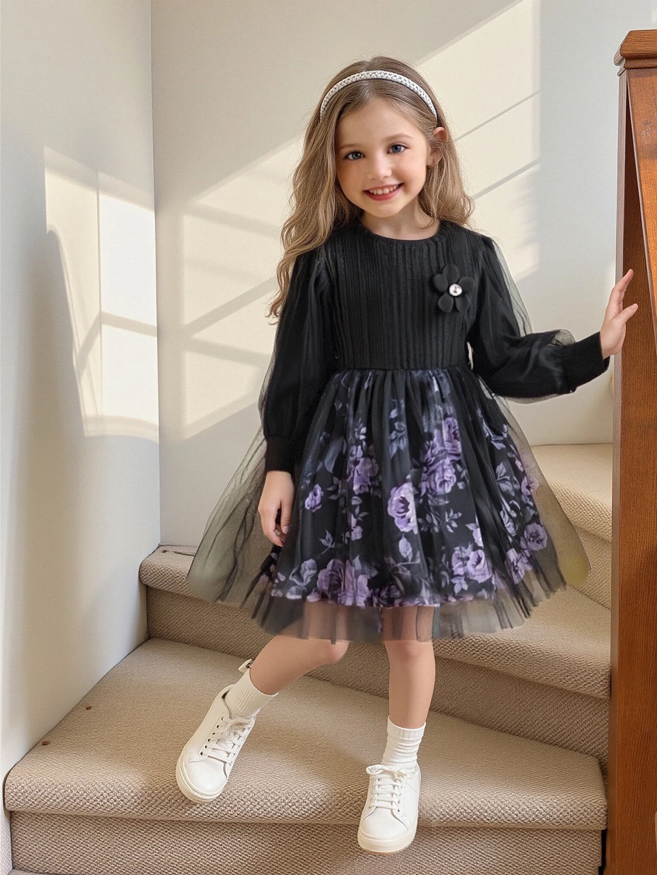 Girls Spring Autumn Dress Elegant Fashion Purple Floral Stitching Style Long Sleeve Knee-Length Skirt Kid Girl Outdoor Party Wear