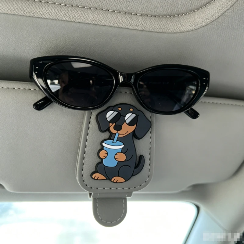 Car Sun Visor Sunglasses Clip Cute Dachshund Dog Cup Leather Glasses Holder Auto Eyeglasses Storage Car Accessories