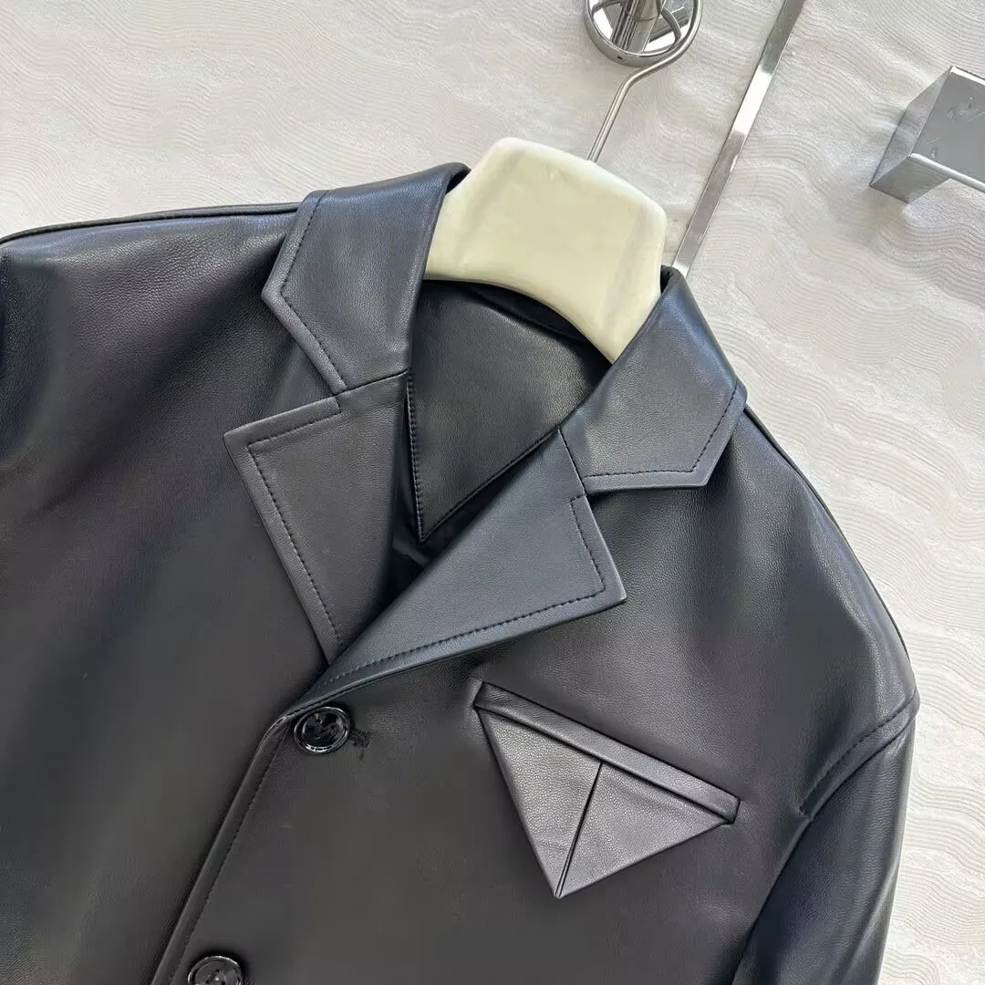 最高品質 100% シープスキン スーツジャケット レディース ノッチドラペル 長袖 3つボタン ブラック クール 本革 ショート レトロコート