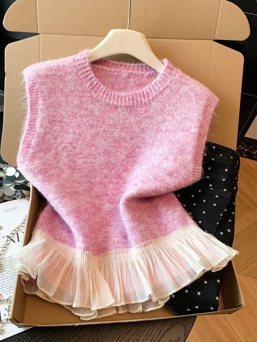 

Faionable Splice Knitted Vest Women's Sle High Waist Spring Season Layering Small Size Friendly Pleated Commute Sle