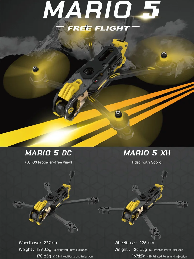 SpeedyBee Mario 5 O4 Kit de cadre Version DC / XH avec plaque en fibre de carbone FPV Freestyle RC Racing Drone