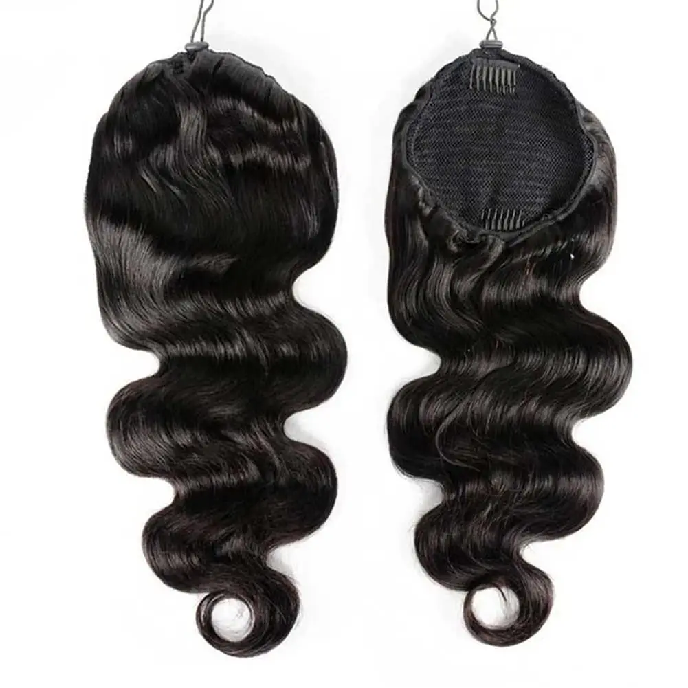 Extensión de cabello ondulado para mujer, coleta con Clip, 100% de cabello humano, extensiones de cola de caballo con cordón negro Natural, 26 pulgadas