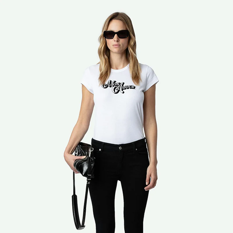 

Летняя новинка: белая приталенная женская футболка с принтом Mon Amour, вельветовая, с круглым вырезом, повседневная, из 100% хлопка, охлаждающая