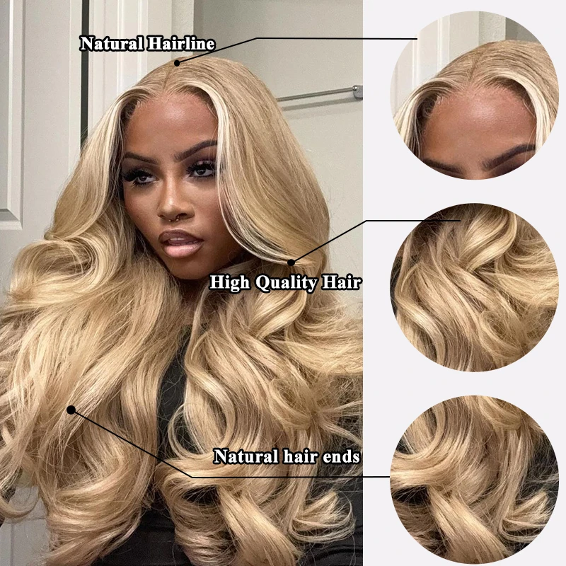 Ombre coklat pirang terang Platinum panjang alami bergelombang bagian tengah Wig rambut Cosplay alami Wig sintetik tahan panas untuk wanita