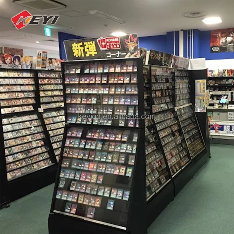 custom.Modern Retail TCG Store Wooden Wall Against Game Trading Card Display Cabinet PSAs Graded Card Display