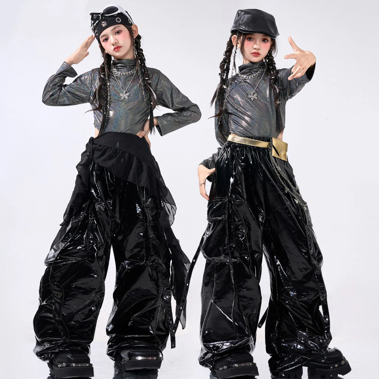 2025 Mädchen Kpop Bühnenoutfits Glänzender Nabel Tops Leder Hip Hop Hosen Jazz Dance Performance Wettbewerb Kleidung Anzug BL17260