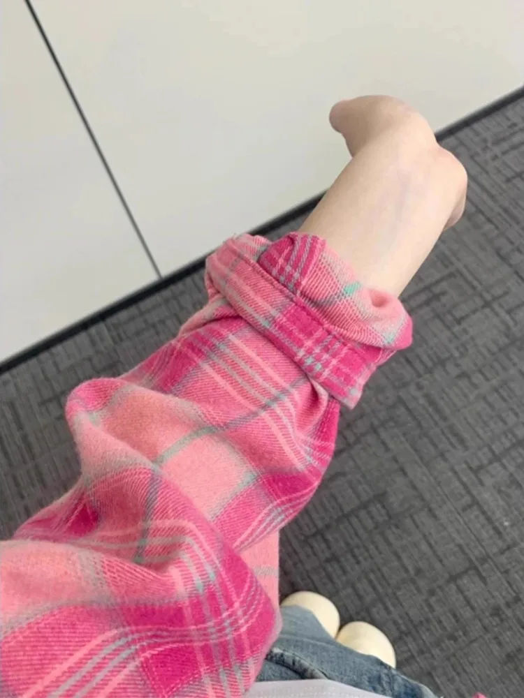 

Куртка-рубашка в клетку цвета драконьего фрукта, женская, свободного кроя, с длинными рукавами, из искусственного меха, повседневный стиль, осень-зима, для многослойных образов